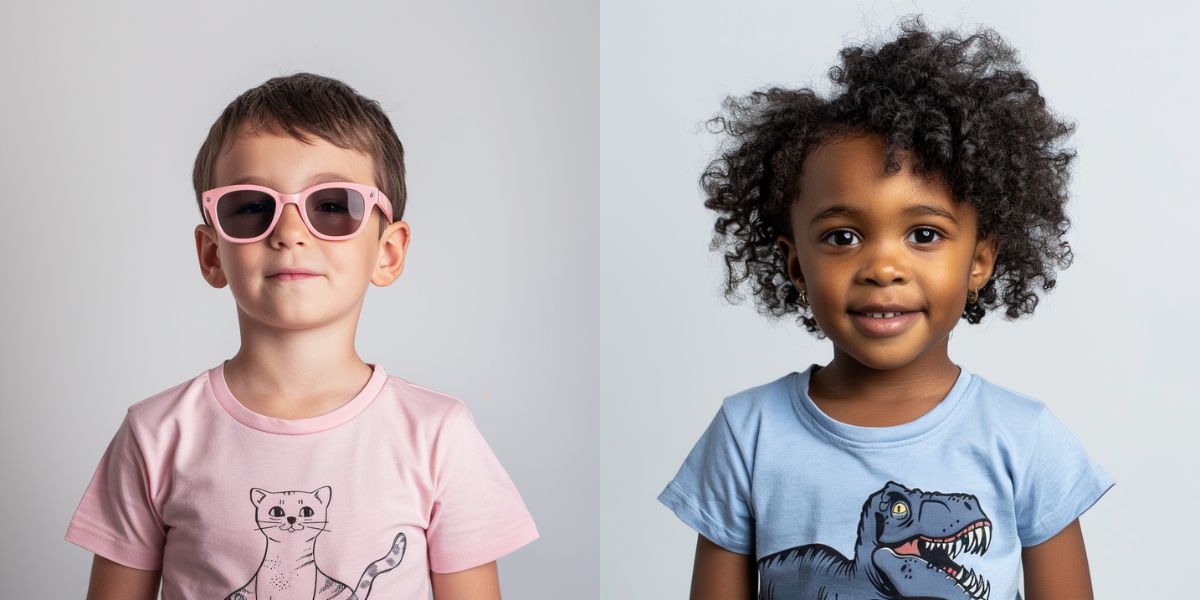 Zwei Kinder: Links ein Bub mit rosa Sonnenbrille und Shirt, rechts ein Mädchen mit blauem Shirt und T-Rex Aufdruck. Quelle: Midjourney