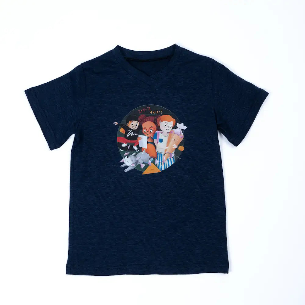 Kurzarmshirt von pauakids mit Schulstart-Motiv in dunkelblau, Vorderansicht